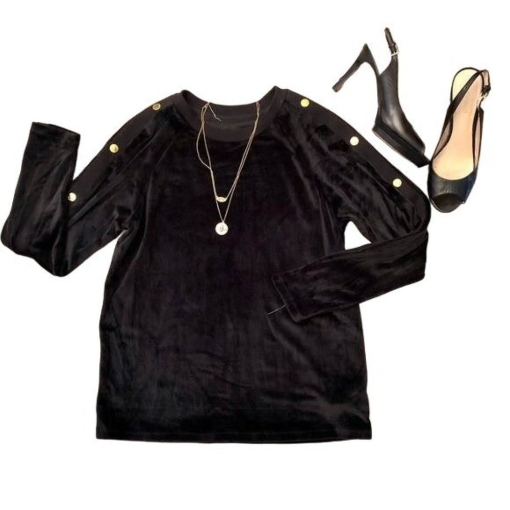 Michael Kors Black Velour Gold Button Deail Long Sleeve  Top Size XS